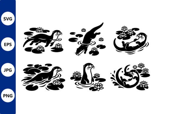 Otter Lily Pond Silhouette Graphics & Illustrations